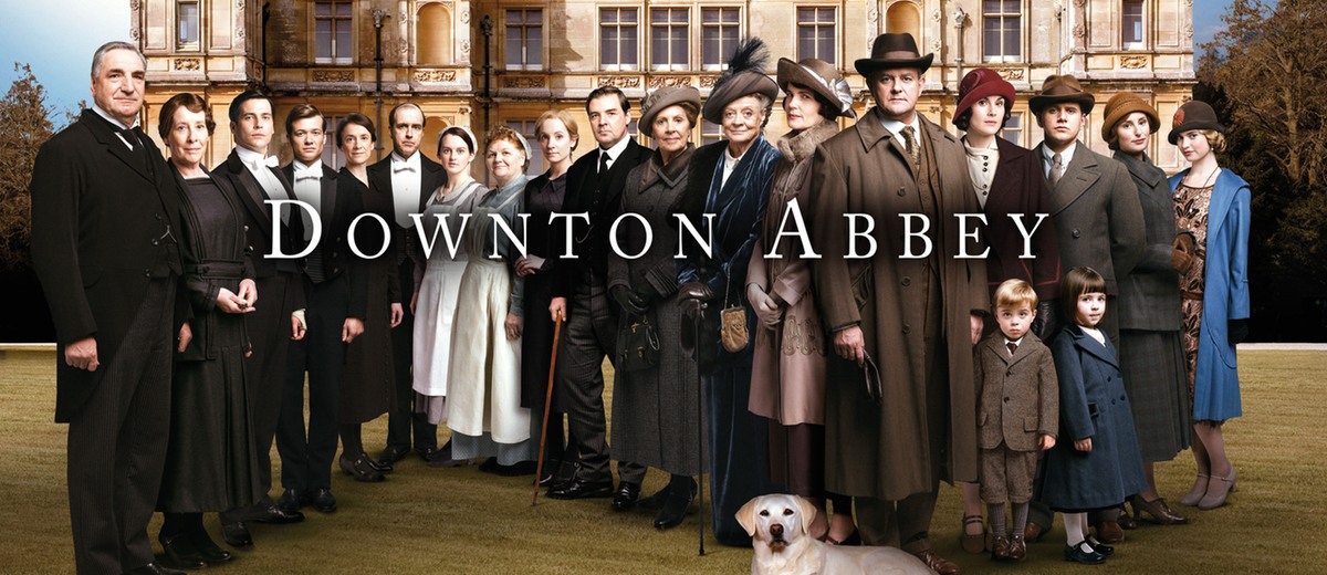 Poster for the UK TV series Downton Abbey, featuring the cast looking very British.