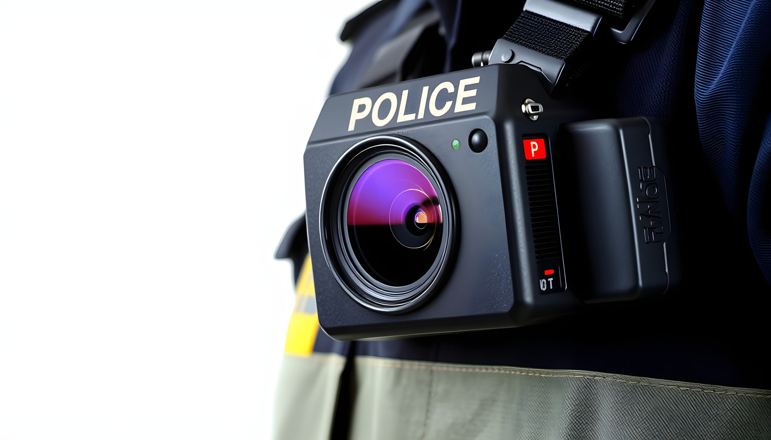 An image of a camera attached to an officer's chest. The camera is emblazoned with the words POLICE.