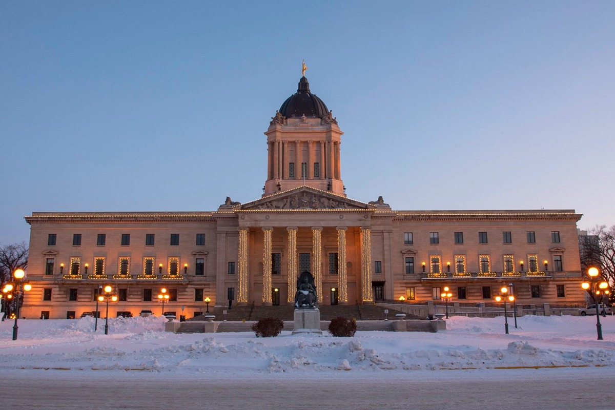 A wintry image of Manitoba's legislature building.