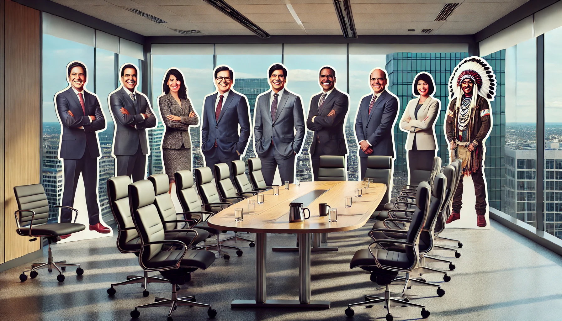 Cardboard cutouts of smiling Indigenous people stand up inside a corporate boardroom.